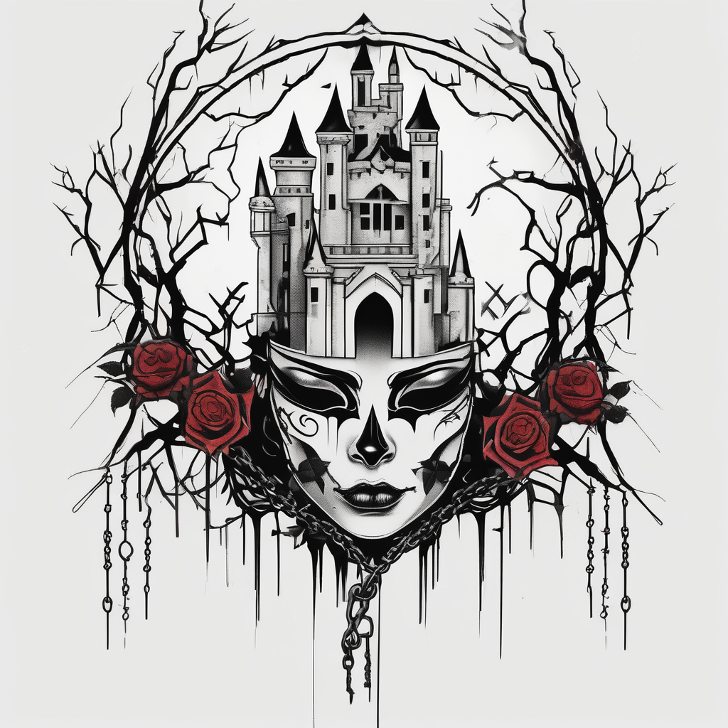 tattoo fool sleeve, dark gothic castle, tree roots break out of the chains, broken mask, girl, roses drake tattoos, diseño de tatuaje Minimalista generado con IA